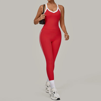 Autumn Yoga Outfit for Women V Neck Sports Tank Top Sets with Chest Pad Workout Leggings Sports Tracksuit Jogging Tights Good Vibrations