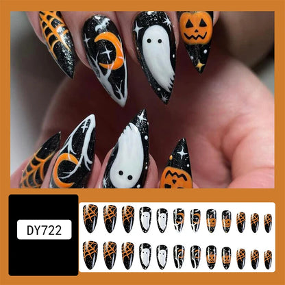 Halloween Acrylic Press On Nails Almond Shape Fake Nails Short Full Cover Glue On Nails Halloween Stick On Nails Cute Ghost Pump Good Vibrations
