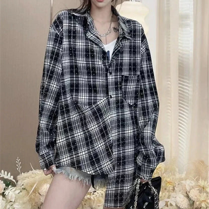Sparking Korean Fully Hot Diamond Casual Fashion Loose Long Shirt Blouse Women's Autumn Versatile Long Sleeve Plaid Cardigan Top Good Vibrations