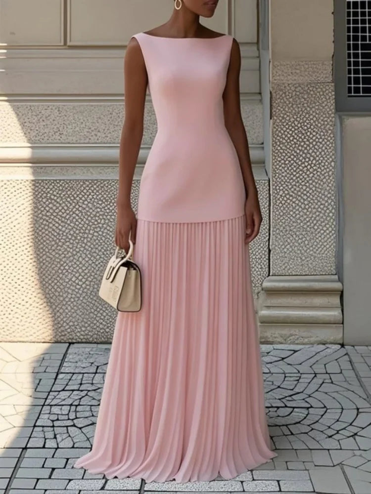 Two-piece Set Women Elegant Solid Splice Pleated Skirts Set Sexy Slash Neck Sleeveless Tank Hollow Slim Maxi Skirts Good Vibrations