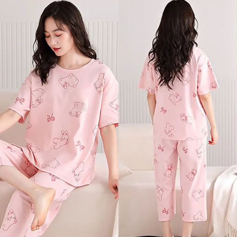 2-piece Set Women Cartoon Casual Homewear Clothes Girls Sleepwear Women Summer Short-sleeve Three-quarter Pants Pajama Set Good Vibrations