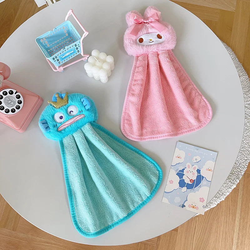 Cute My Melody Hangyodon Hand Towels Home Bathroom Kitchen with Hanging Loop Thickened Speed Dry Absorbent Hand Cloth Good Vibrations