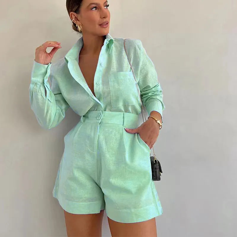 2026 New Short Sets Women Shirts Long Sleeve Cotton Linen Loose Blouse High Waist Shorts Suit Summer 2 Piece Sets Womens Outfits Good Vibrations