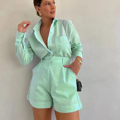 2026 New Short Sets Women Shirts Long Sleeve Cotton Linen Loose Blouse High Waist Shorts Suit Summer 2 Piece Sets Womens Outfits Good Vibrations