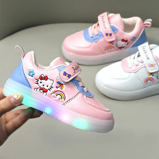 LED Kids Shoes for Girls Cute Cartoon Hello Kitty Shoes Baby Girl Kawaii Canvas Shoes Soft Bottom Sneakers Casual Shoes Good Vibrations