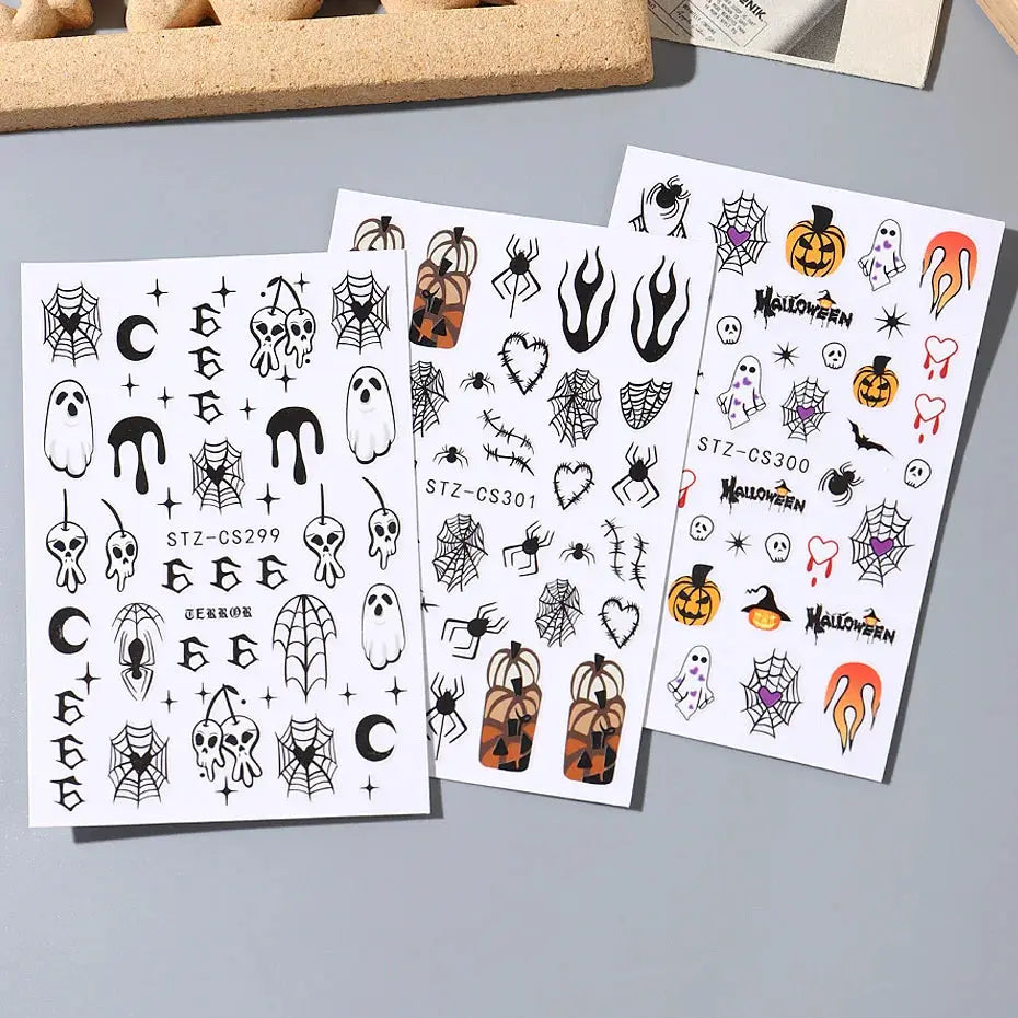 Halloween Stickers for Nails Pumpkin Ghost Skull Design Art Self-Adhesive Spider Web Decals Decoration DIY Manicure Accessories Good Vibrations