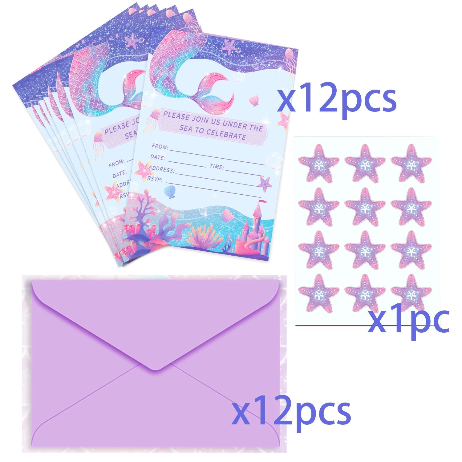 12pcs Cartoon Mermaid Shell Invitation Cards Purple Envelopes Star Stickers Girls Baby Shower Birthday Party Wedding Supplies Good Vibrations