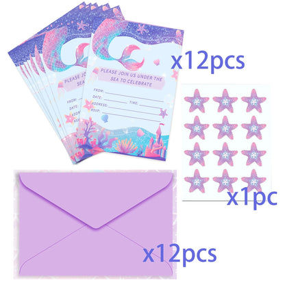 12pcs Cartoon Mermaid Shell Invitation Cards Purple Envelopes Star Stickers Girls Baby Shower Birthday Party Wedding Supplies Good Vibrations