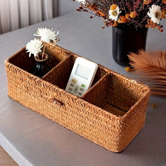 Partitioned Storage Box, Handcrafted Woven Storage Basket, Rectangular Vintage Shelf, for Home Organization Storage Containers Good Vibrations