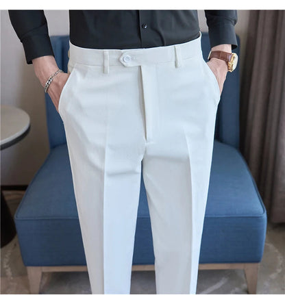 Men Suit Pants 2025 Elastic Slim Fit Formal Dress Pants Solid Casual White Trousers Pantalon Homme Wedding Party Men Clothing Good Vibrations