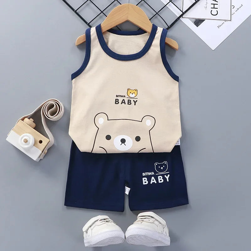 Children Sets Kids Clothes Boys Girls Vest Suit  Summer Children's Clothing baby Cotton T-Shirts Shorts Tank Top Sleeveless Good Vibrations