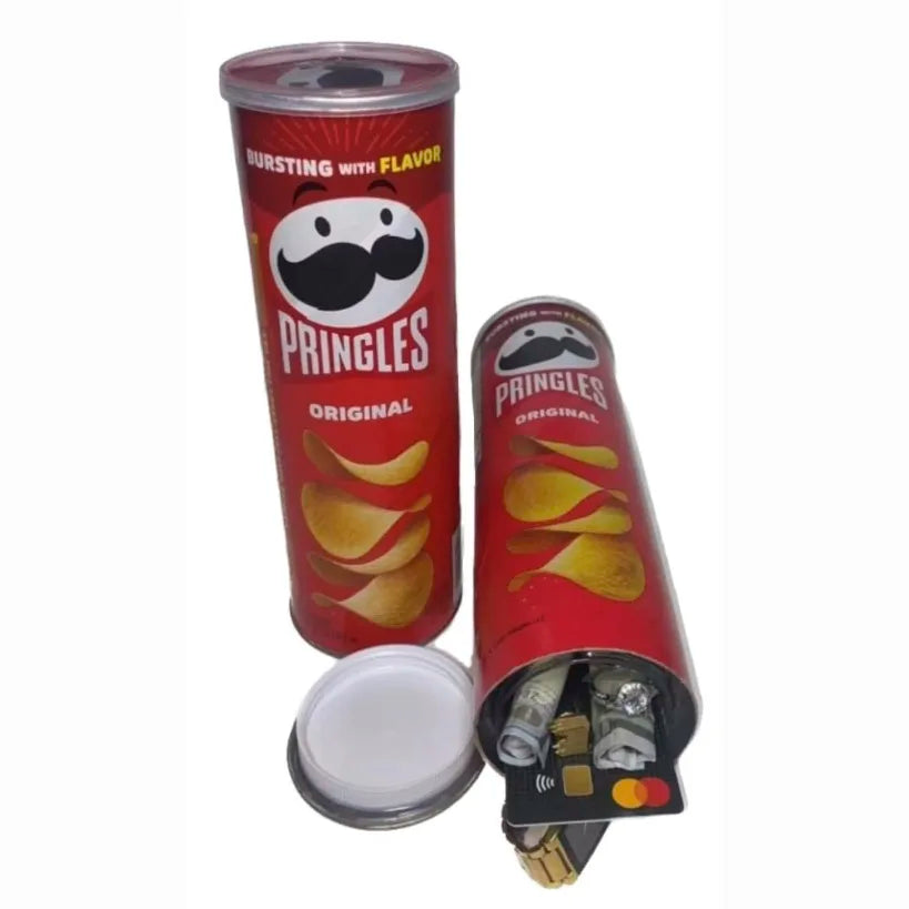 Tortilla flavoured corn chips diversion safe stash box, resembling a can of crisps, used for discreet storage.