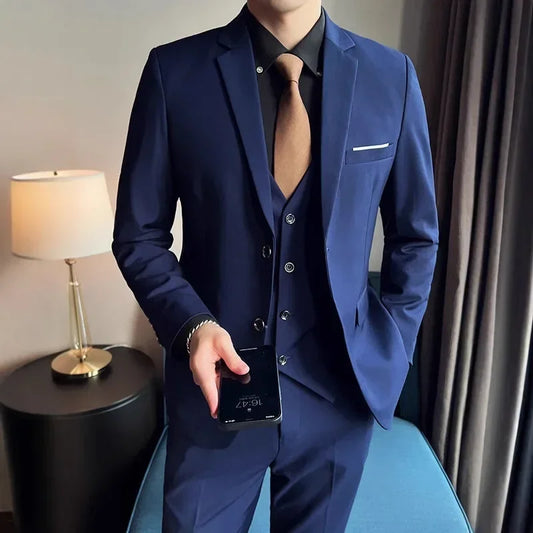Suit (suit +Vest+Pants) Formal Business Men Four Seasons Professional Fashion Gentleman Solid Color Outdoor British Style Suit
