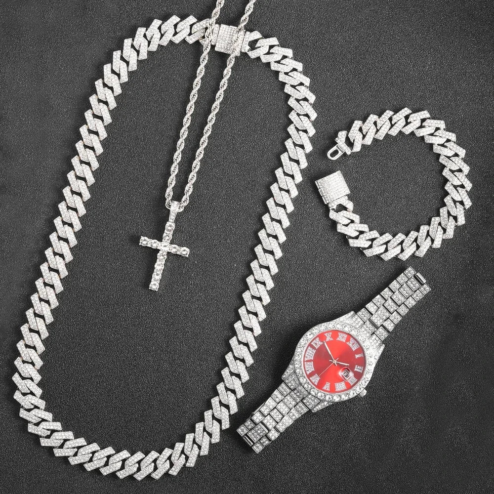 16mm Hip Hop Miami Cuban Link Chain Set Necklace +Watch+Bracelet Creative Iced Out Shiny Trendy Stylish Jewelry For Women Men Good Vibrations