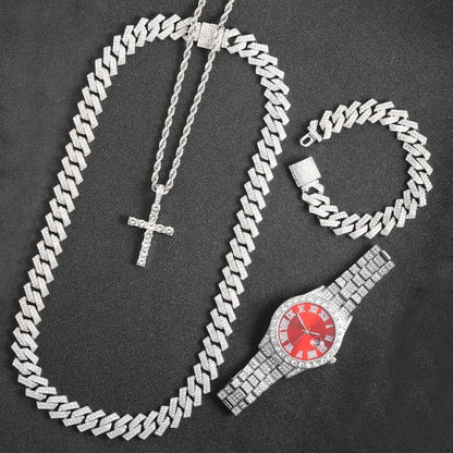16mm Hip Hop Miami Cuban Link Chain Set Necklace +Watch+Bracelet Creative Iced Out Shiny Trendy Stylish Jewelry For Women Men Good Vibrations
