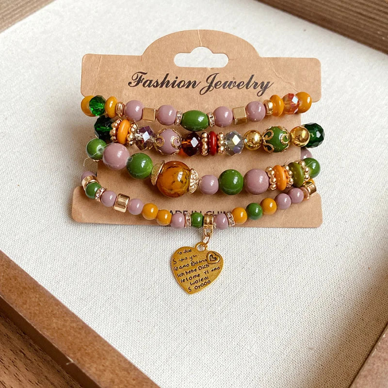 4pcs/set Boho Strand Bracelets For Women Crystal Beads Bracelets Heart Letter Elastic Bangles Wristband Yoga Jewelry Gifts Good Vibrations