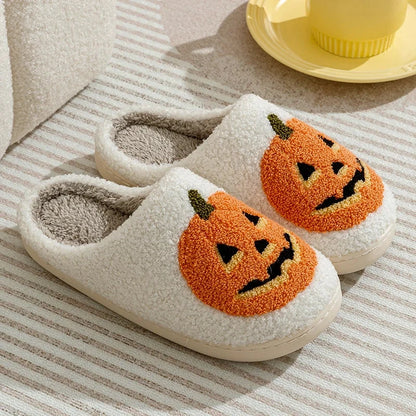 Smile Pumpkin Halloween Women's Slippers Winter Indoor Cartoon Comfort Home Bedroom Soft Causal Flat Plush Shoes for Gift Good Vibrations