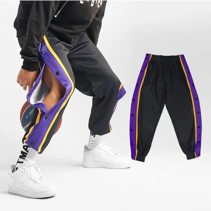Harajuku Fashion Sports Men Pants Daily Outdoor Basketball Sweatpants Hollow Out Side Stripe Button Fly Design Creative Trousers Good Vibrations