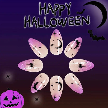 24Pcs/set Almond Halloween Press on Nails Black Bat Fake Nail Moon and Stars Pattern Removable Wearable Nails for Women&Girl Good Vibrations