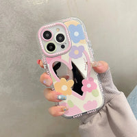Cute Cartoon Flower Mirror Case for iPhone 15 14 13 Pro Max 12 11 15Pro Love Heart Colorful Make Up Ins Korean Shockproof Cover Good Vibrations