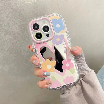 Cute Cartoon Flower Mirror Case for iPhone 15 14 13 Pro Max 12 11 15Pro Love Heart Colorful Make Up Ins Korean Shockproof Cover Good Vibrations