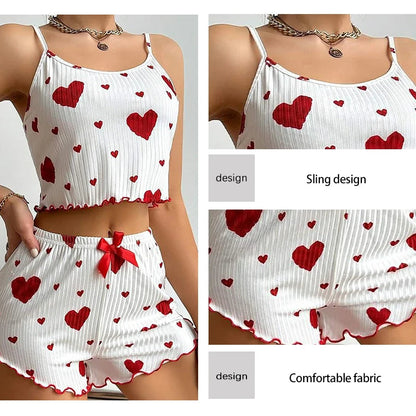 Women's Pajamas Set Sleepwear 2 PCS Short Tank Tops And Shorts S M L White Ventilate Soft Casual Love Printing Good Vibrations