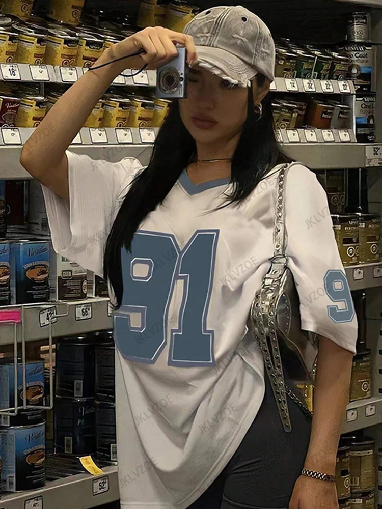 2025 Summer New Retro No.91 Printed T-Shirt For Women V-Neck Short Sleeve Sports Football Jersey Y2K Loose Oversized Tops Good Vibrations