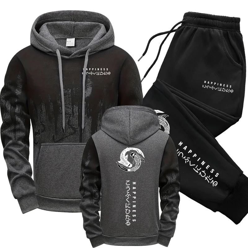 Japanese Fashion Men's Tracksuit Hoodies Sweatpants 2 Piece Set Fall&winter Daily Casual Sporty Jogging Suit Urban Trend Outfits Good Vibrations