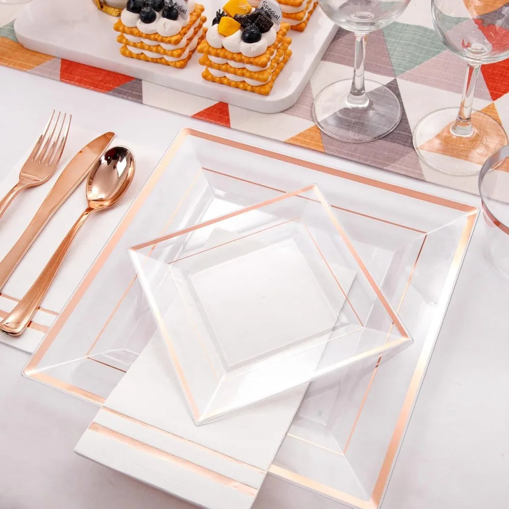 Popular - 350Pcs Rose Gold Plastic Plates - Clear Rose Gold Disposable Dinnerware Sets for 50Guests include 100 Plates 50 Cups Good Vibrations