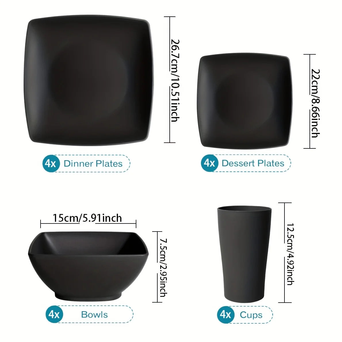 16-Piece Square Dinnerware Set - Heavy Duty Ceramic Plates, Bowls, Cups | Dishwasher & Microwave Safe for Everyday Use Good Vibrations