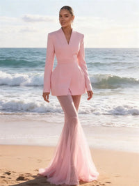 Women Pink Blazer Dress Set, Elegant Sleeveless Top, and Flowy High-Low Chiffon Skirt with Sheer Hem for Wedding Party In Stoc Good Vibrations