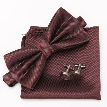 Men Bowtie Set 3pcs Plaids Classic Fashion Wedding Party Formal Cufflinks Bow Tie Handkerchief Cuff Links Lots Three Piece Set Good Vibrations