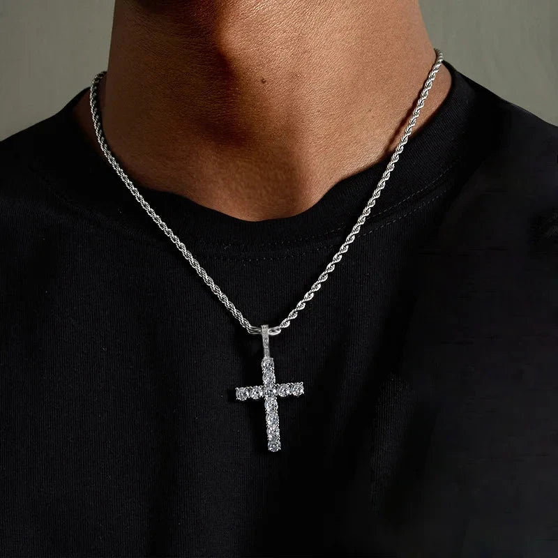 Iced Out Crystal Zircon Cross Pendant Necklace Silver Plated Twisted Chain Necklaces For Men Women Good Vibrations