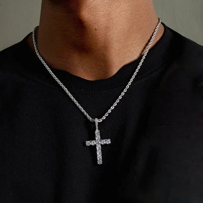 Iced Out Crystal Zircon Cross Pendant Necklace Silver Plated Twisted Chain Necklaces For Men Women Good Vibrations