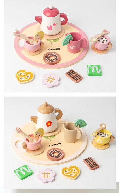 Wooden Kitchen Play Toys Kitchen Simulation Tea Set Afternoon Tea Activity Games Pretend Play Kitchen Accessories Toy for Kids Good Vibrations