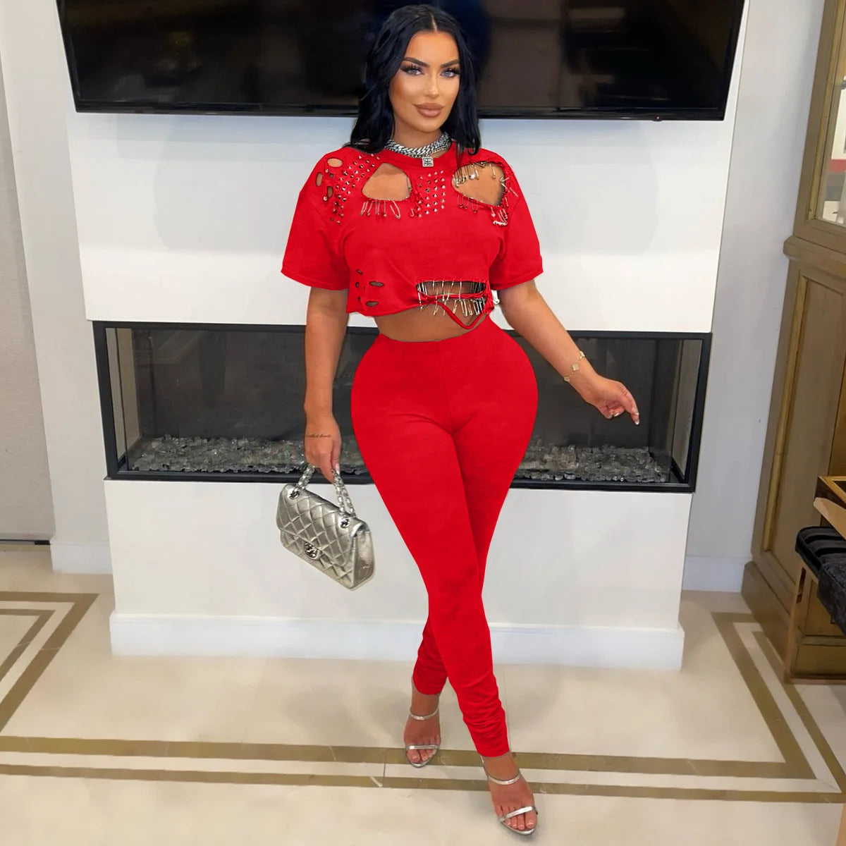 Women's Fashion White Two Piece Set Solid Loose Round Neck Piercing Pin Short T-shirt Pants 2026 Spring/Summer Set Red Black Good Vibrations