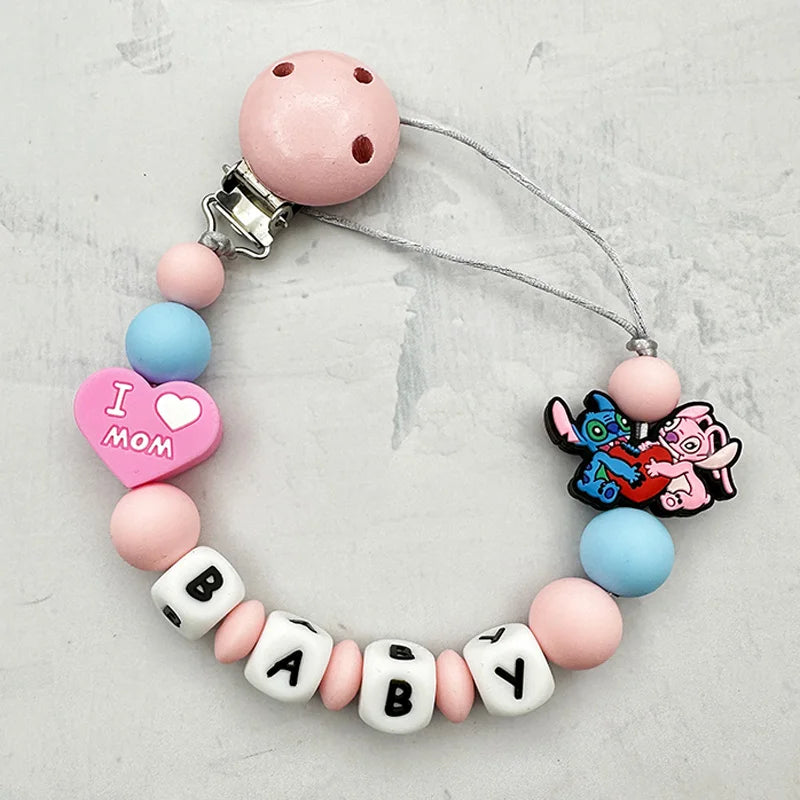 Personalized English Letters Baby Silicone Cartoon Disne Pacifier Clips Chains Holder Teether Pendants Teething Kawaii Baby Gift Good Vibrations