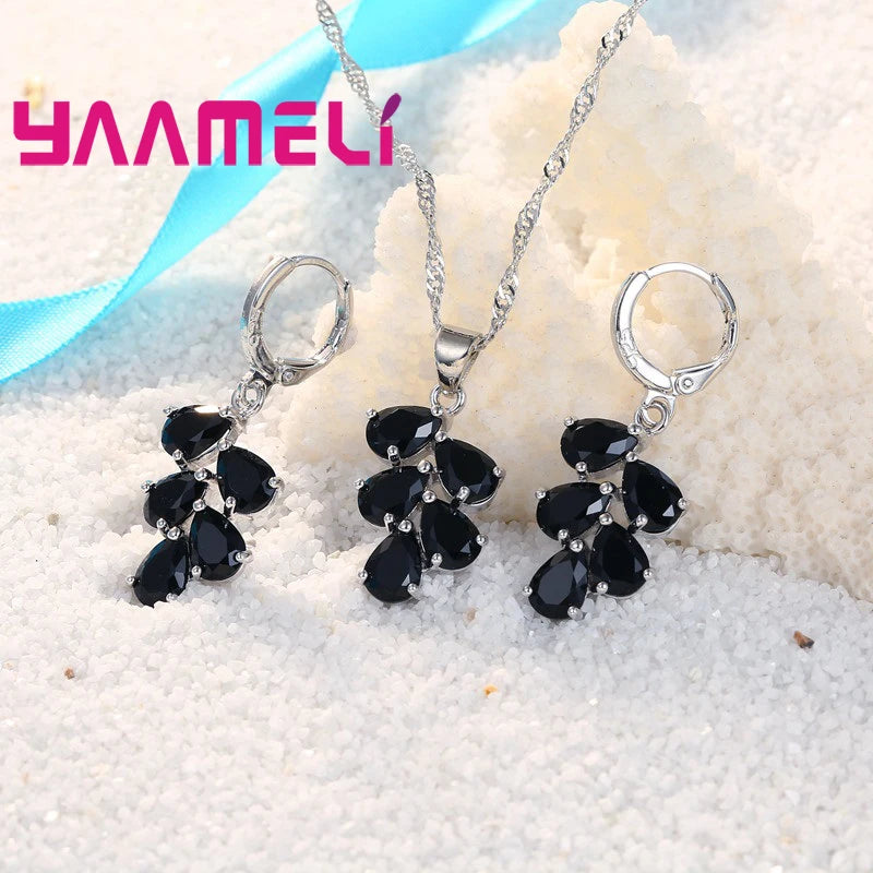 Anniversary Gift For Women Trendy 925 Sterling Silver Color Jewelry Sets Cubic Zirconia Pendants Necklaces Charm Hoop Earrings Good Vibrations Adult Super Store
