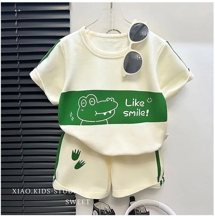 2024 New Kids Short Sleeve Suit Striped Girls Boys Set Summer Tops +short Baby Clothes Children's Wear Good Vibrations