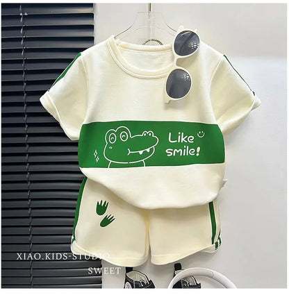 2024 New Kids Short Sleeve Suit Striped Girls Boys Set Summer Tops +short Baby Clothes Children's Wear Good Vibrations