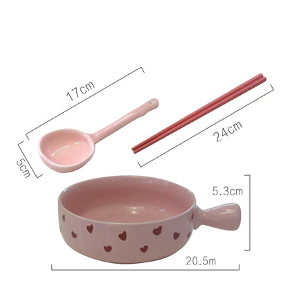 Pink Love Cutlery Set Rice Bowl Household Ceramic Double Ear Instant Noodle Soup Bowl Hand Paired Spoon Combination Noodle Bowl Good Vibrations