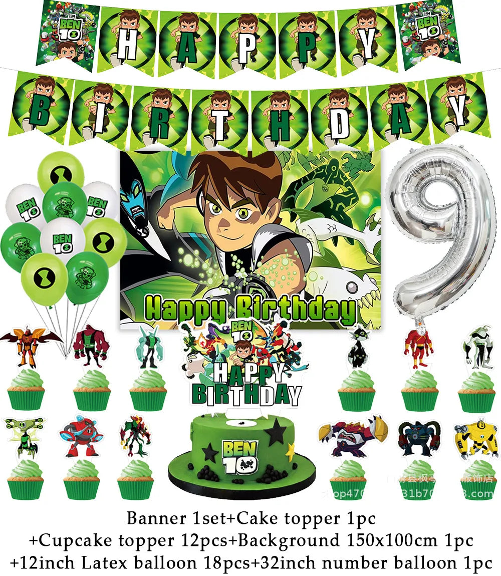 Cartoon Ben-10 Birthday Party Decoration Balloons Favor Set Banner Cake Toppers Baby Shower Boys Gift Party Supplies Photo Prop Good Vibrations