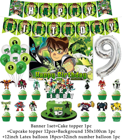 Cartoon Ben-10 Birthday Party Decoration Balloons Favor Set Banner Cake Toppers Baby Shower Boys Gift Party Supplies Photo Prop Good Vibrations