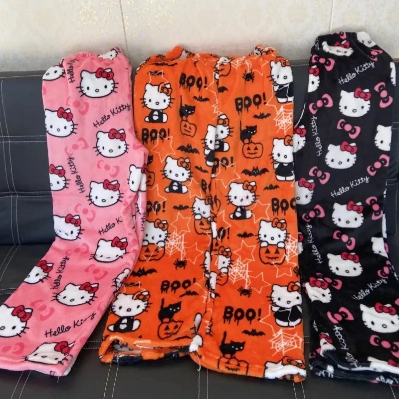 2024 Sanrio Hello Kitty Pajamas Halloween Flannel Fashion Trouserswomen Kawaii Woolen Anime Cartoon Casual Home Pants Autumn Good Vibrations