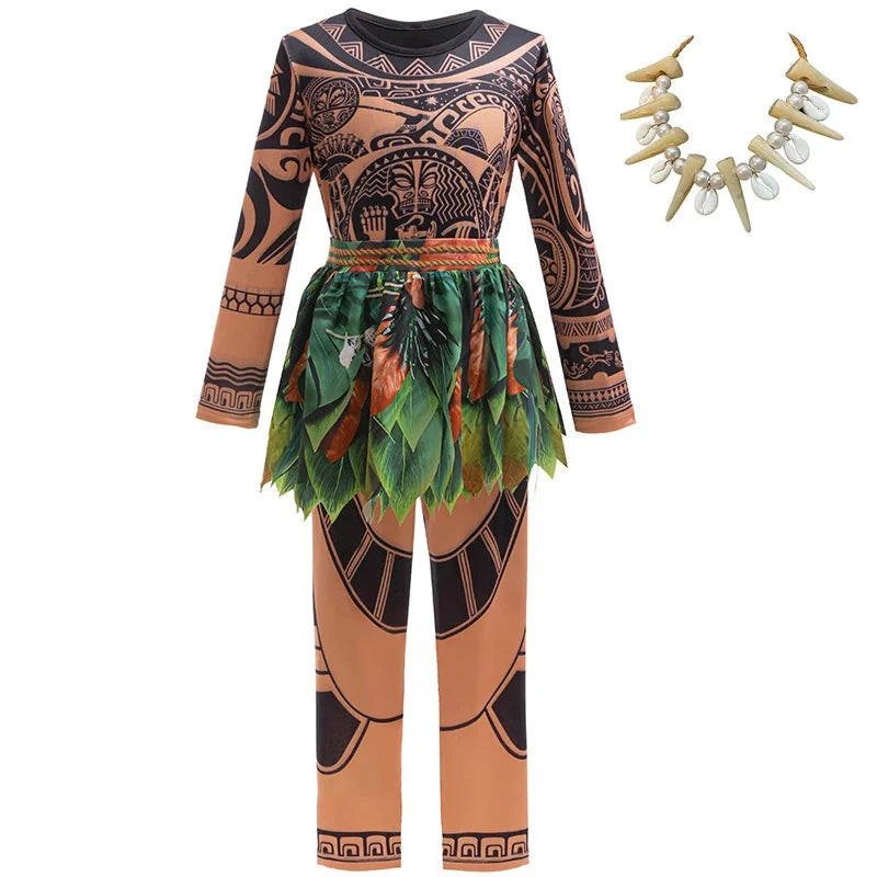 Disney Moana 2 Maui Cosplay Jumpsuits Tattoo Costume Boys Girls Maui Print Leaf Suits Movie Character Halloween Costume 2-10Yrs Good Vibrations