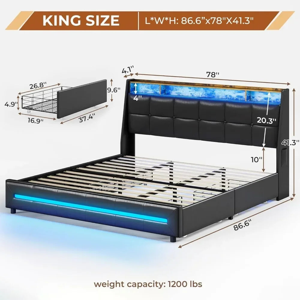 King Size Bed Frame w 4 Storage Drawers,Charging Station and LED Lights,Upholstered Bed Frame w Button Tufted Wingback Headboard Good Vibrations