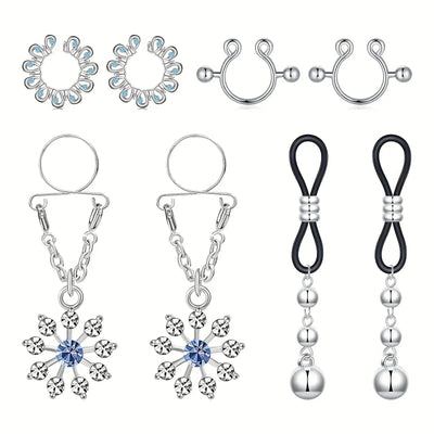 4 Pairs Non Piercing Fake Nipple Rings, Water Drop Heart Shaped Dangle Nipple Clips