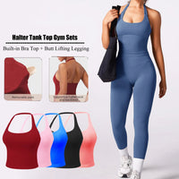 Workout Sets for Women 2 Pieces, Women's Impact Halter Tank Top+ Hidden Scrunch Butt Workout Leggings, Women Seamless Good Vibrations