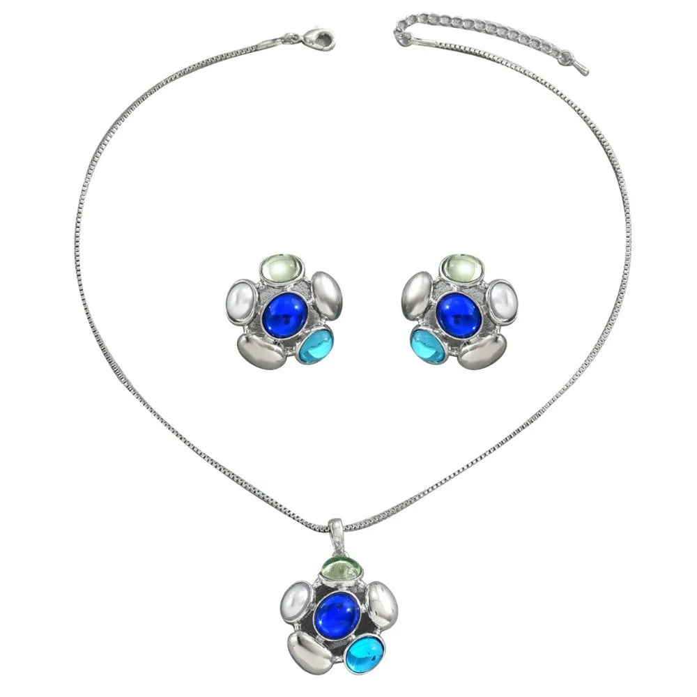 Chic Luxury Crystal Earrings Pearl Charm Rhinestone Necklace Geometric Vintage Women Jewelry Set Girls Good Vibrations