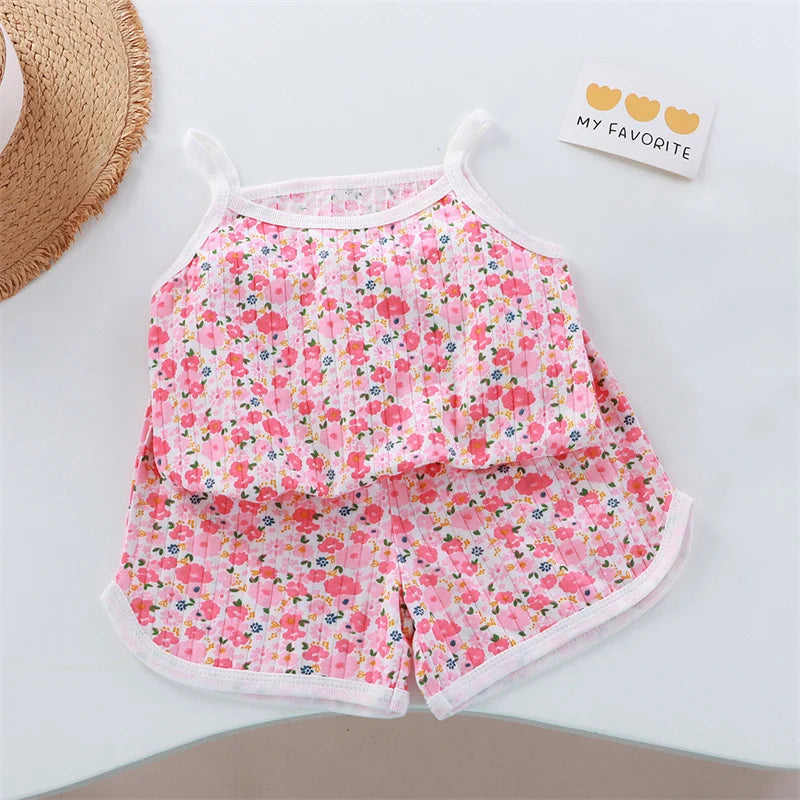 2026 New Kids Tops+shorts Set Summer Thin Baby Cotton Vest Sleeveless Loungewear Set for Girls Suit Good Vibrations